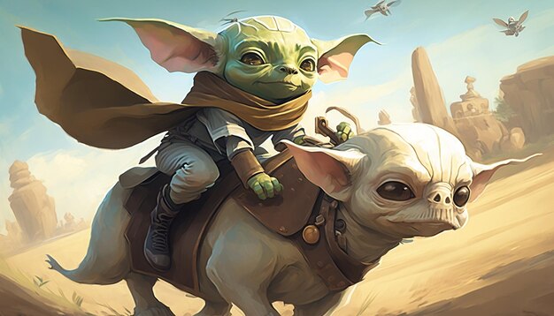 Foto baby yoda de pé no deserto ai gerador de imagem