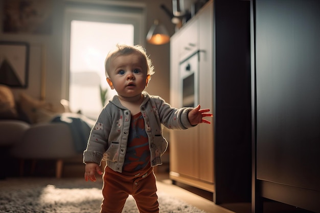 Baby39s primeiros passos Bebê mestiço aprendendo a andar Sala de estar casa moderna criança aprendendo o caminho