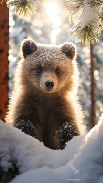 Babybär im schneebedeckten Winter, wunderschöner Nadelwald am sonnigen Morgen