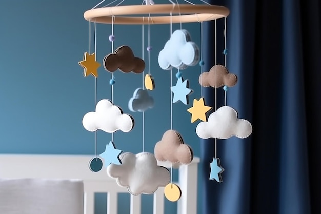 Babybettmobile mit Sternen, Wolken und Mond Handgemachtes Kinderspielzeug über der neugeborenen Krippe Erstes umweltfreundliches Babyspielzeug aus Filz und Holz auf grauem Hintergrund AI-generiertes Bild