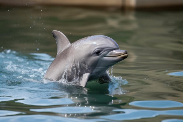 Babydelfin springt aus dem Wasser, um einen mit generativer KI erstellten Fisch zu fangen