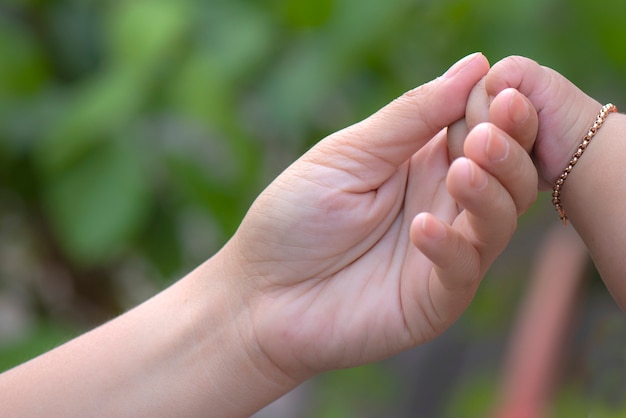 Babyhand, die leicht den Finger des Erwachsenen hält