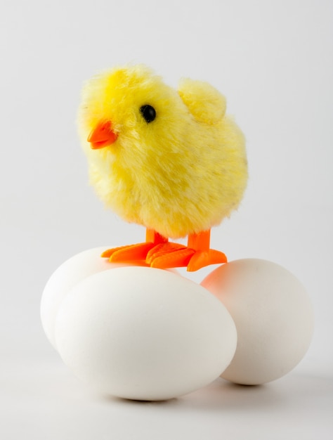 Babyhuhn, das auf Eiern steht