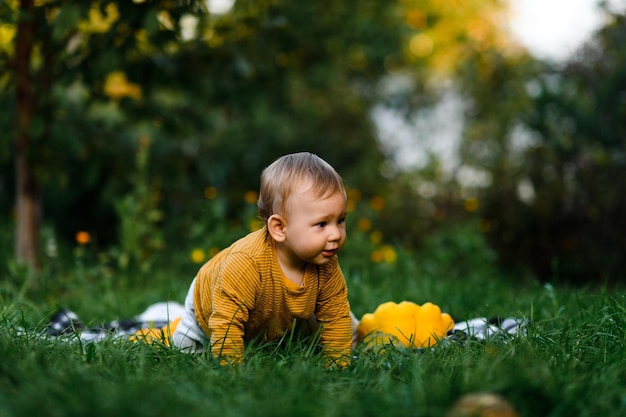 Babyjunge, der am Sommertag auf dem Gras sitzt Kind in trendiger und süßer Kleidung