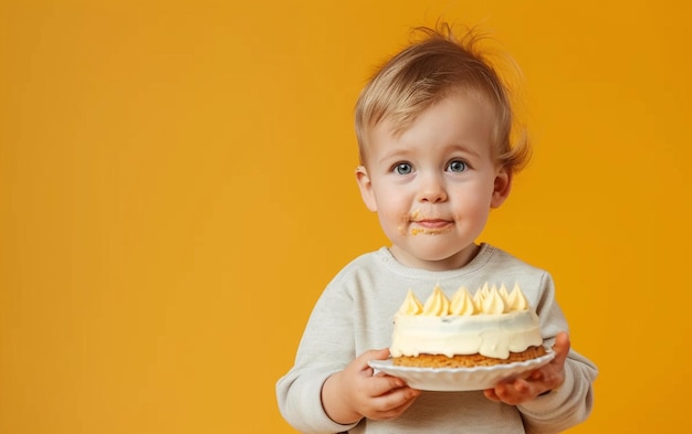 Babyjunge mit Kuchen, das Dessert auf einem farbenfrohen Hintergrund zeigt