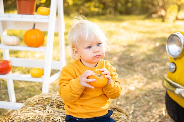 Babyjunge mit Kürbisen im Herbstparkhintergrund mit gelbem Auto