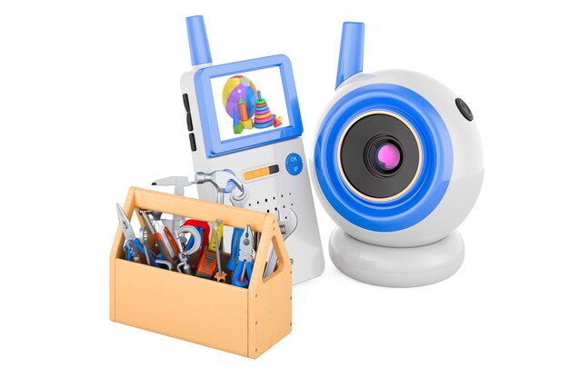 Babykamera und Audio-Babyphone mit Toolbox Service- und Reparaturkonzept 3D-Rendering