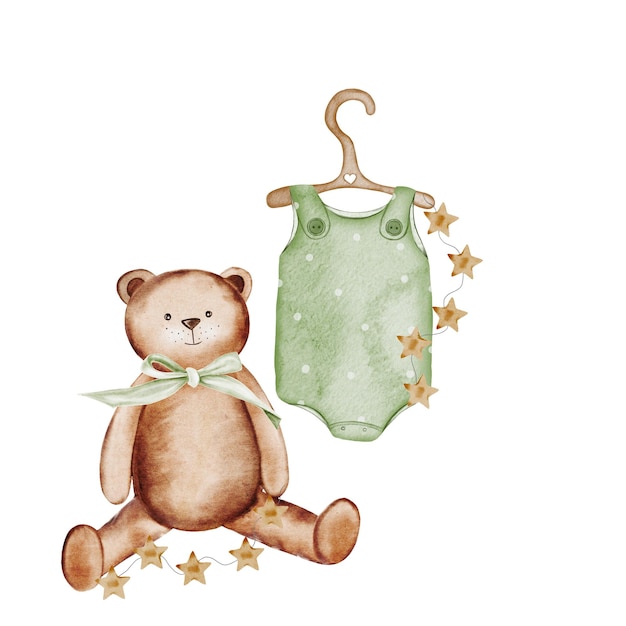 Babykleidung, Aquarell, Kinderanzug und ein Teddybär mit einer Girlande, die von der Hand gezeichnet ist