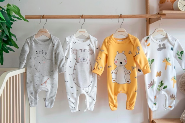 Babykleidung mit Tierdesign hängt in einem Schrank