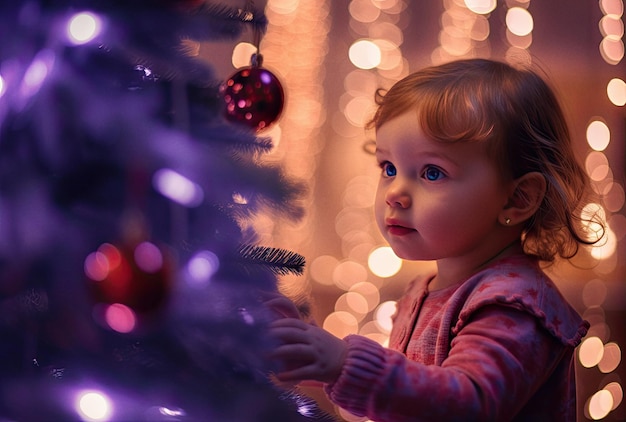 Babymädchen schaut auf einen von der KI generierten Weihnachtsbaum