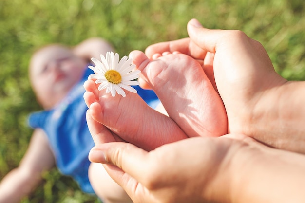 Babys Füße winzige Säuglingsfüße Babypflegekonzept Natürliche Mutterschaft