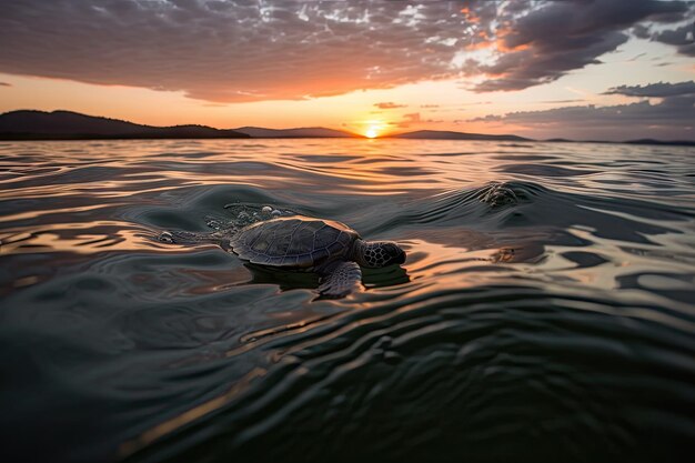 Babyschildkröte schwimmt im Meer mit Blick auf den Sonnenuntergang, erstellt mit generativer KI