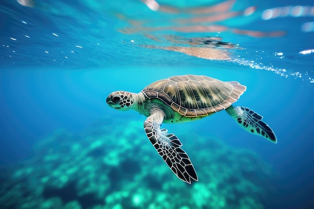 Babyschildkröten schwimmen im klaren blauen Ozean auf ihrem Weg in die Freiheit, geschaffen mit generativer KI