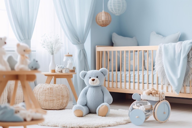 Babyzimmer dekoriert mit Rasseln, Bettglocke, Bär sitzt neben einem Bett in hellblauem Ton, generative KI
