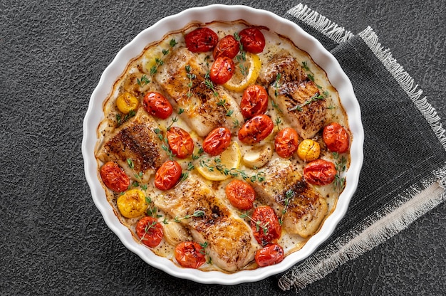 Bacalao al horno con guarnición de tomates cherry y tomillo