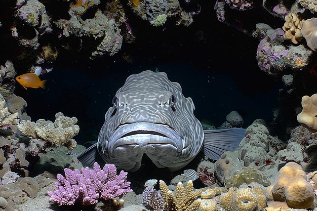 Foto el bacalao barramundi acechando en las sombras de un arrecife de coral