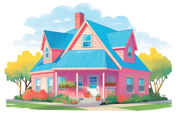Foto bacalao de capa de color rosa brillante con dobles dormitorios y una ilustración de estilo revista de techo azul