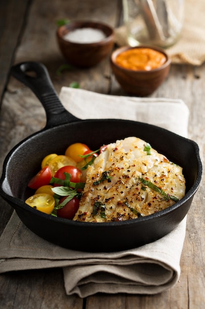 Bacalao a la parrilla con ensalada de tomate