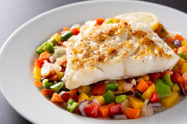 Bacalao a la plancha con verduras sobre mesa de madera azul