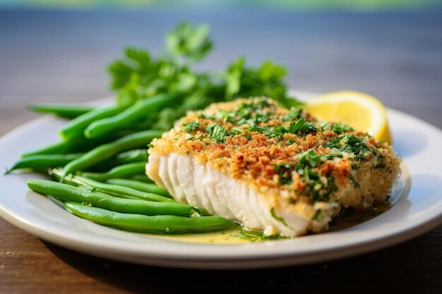 Bacalhau assado com crosta de ervas e feijão verde cozido ao vapor