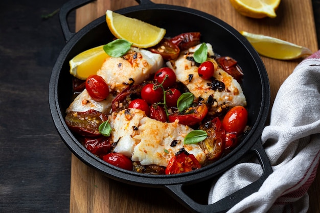 Bacalhau com molho de tomate na frigideira de ferro