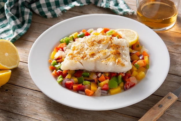 Bacalhau grelhado com legumes no prato na mesa de madeira