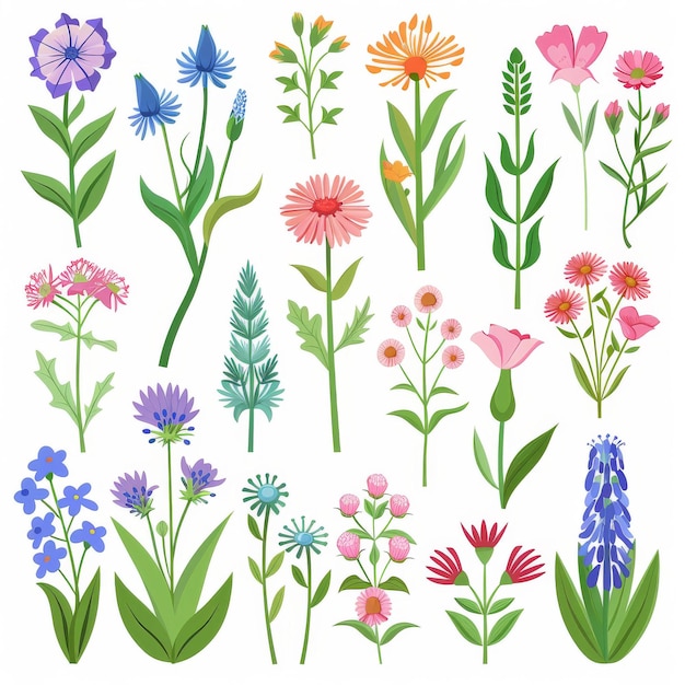 Bachelors Button Flower Icon Set Centaurea Cyanus Design Plano Símbolo Abstrato de Flores de Milho