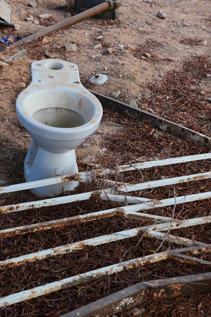 Foto bacia sanitária abandonada no campo por corrimão metálico enferrujado