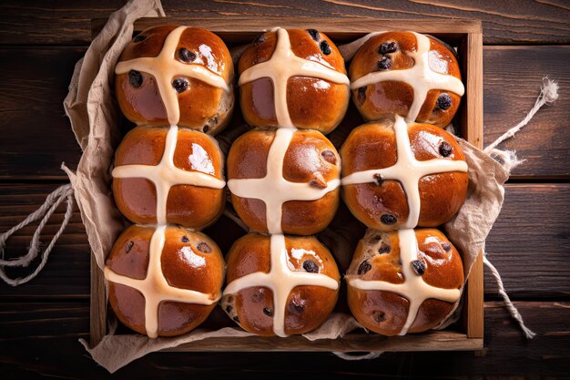 Backen von Ostern heißen Kreuzbrötchen auf einem Holzbrett Traditionelle Ostern-Backwaren