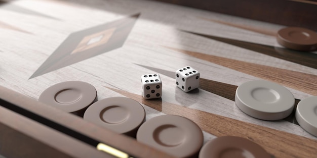 Backgammon Würfel und Chips Nahaufnahme auf Spielbrett 3D-Darstellung