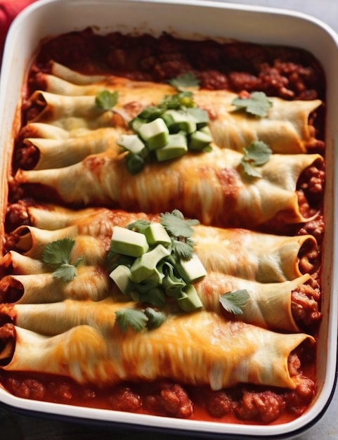Backgeschirr gefüllt mit Käse-Enchiladas in roter Soße