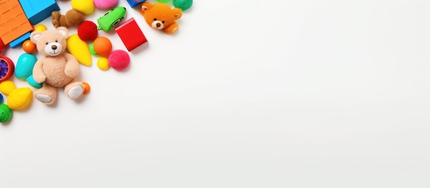 Background de espaço de cópia de papel branco com vários brinquedos coloridos e ferramentas de desenho