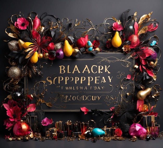 Background de venda da Sexta-feira Negra com flores e decorações de moldura dourada em preto