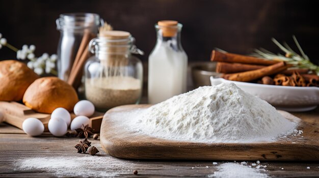 Backhintergrund Zutaten zum Kochen Backmehl Eier Zucker Milch und Gewürze Draufsicht mit Kopierraum auf dunklem rostigem Tisch Hochwertiges Foto