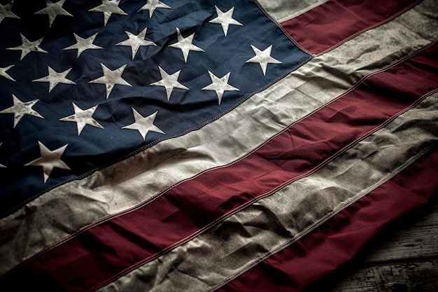 Backlit US Nationalflagge fliegen und schwenken im Wind über grauen stürmischen bewölkten Himmel Symbol des amerikanischen Patriotismus niedriger Winkel erzeugen ai