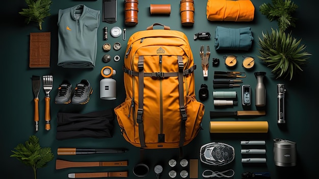 backpack flatlay conceito de turismo e caminhadas