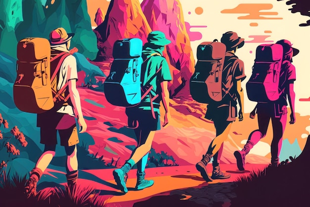 Backpacker-Freunde auf einer Abenteuerillustration AI generiert