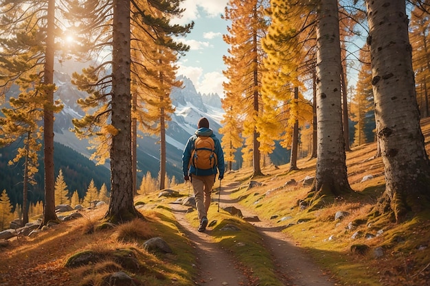 Backpacker geht im Lärchenwald der italienischen französischen Alpen farbenfrohe Herbstsaison getönt und