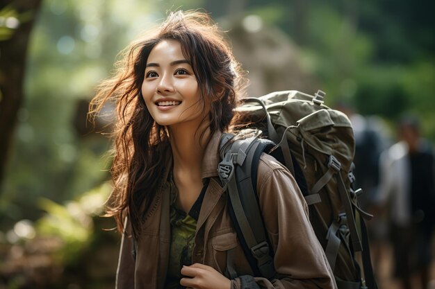 Backpacker in the Wild Una joven y hermosa mujer asiática viajando sola en el desierto del bosque Generada con IA