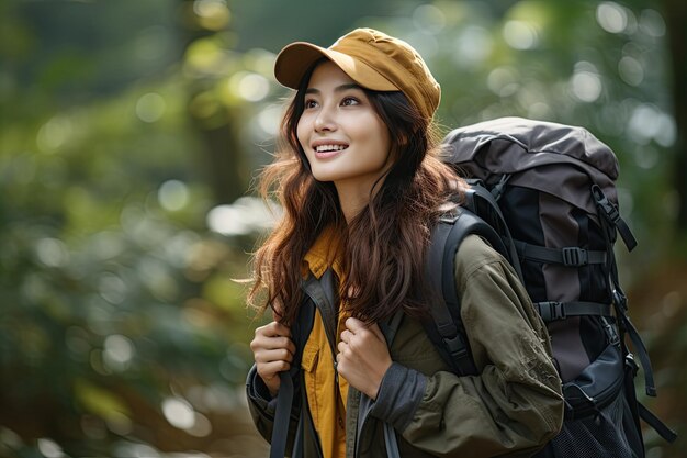 Backpacker in the Wild Una joven y hermosa mujer asiática viajando sola en el desierto del bosque Generada con IA