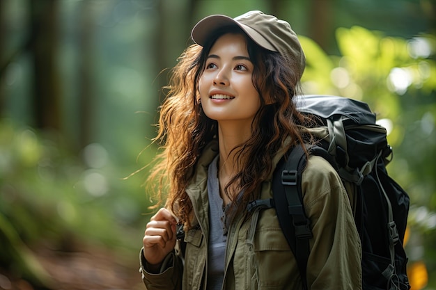 Backpacker in the Wild Uma jovem e bela mulher asiática viajando sozinha no deserto da floresta Gerada com IA