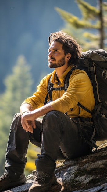 Backpacker macht eine Pause auf einem Bergweg