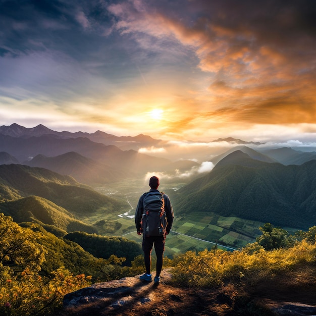 Backpacker steht am Aussichtspunkt des Sonnenaufgangs Surat Thani in Thailand