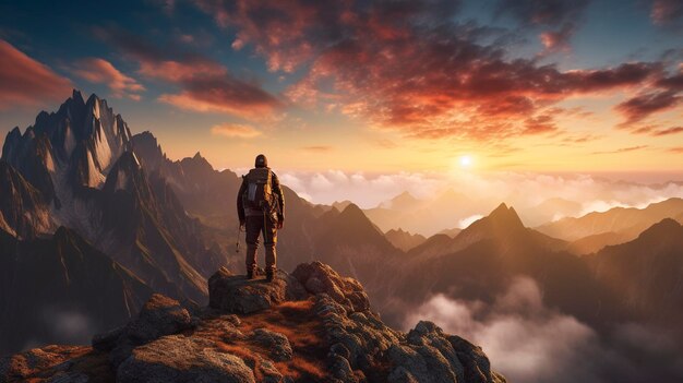 Backpacker steht bei Sonnenuntergang auf einem Berggipfel mit Panoramablick auf das Tal