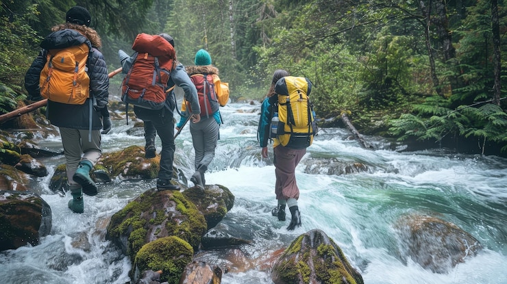 Foto backpacker überqueren einen schnell fließenden fluss in einem üppigen wald, die abenteuer und teamarbeit begrüßen