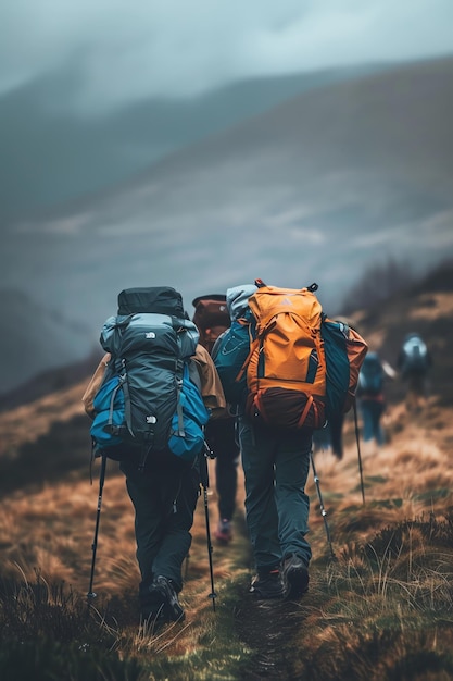 Backpackers nas montanhas viagem de aventura em grupo e história de caminhada