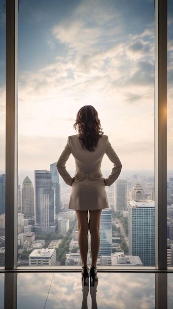 Backshot de uma líder feminina contra uma janela panorâmica e paisagem urbana expansiva com amplo copyspace