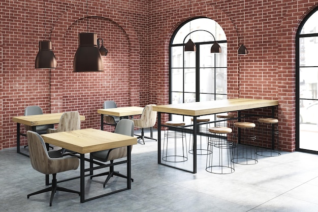 Backstein-Café-Ecke mit Betonboden, Holztische und Stühle. Bogen-ähnliche Fenster. Seitenansicht. 3D-Rendering-Mockup