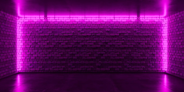 Backsteinmauer Bühnenhintergrund rosa Neonlicht Neonraum 3D-Darstellung