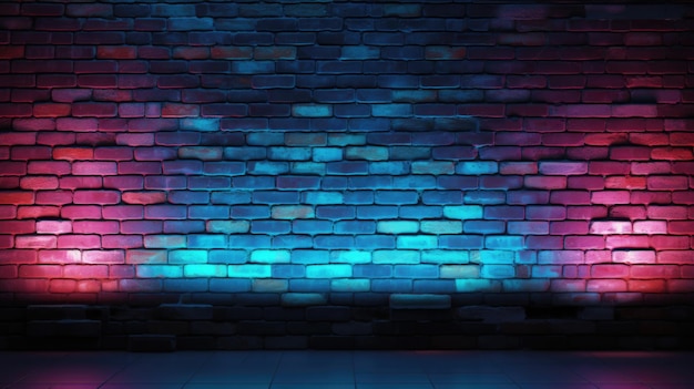 Backsteinmauer-Hintergrund Neonlicht auf alter Grunge-Ziegelmauer Dunkle Cyber-Sci-Fi